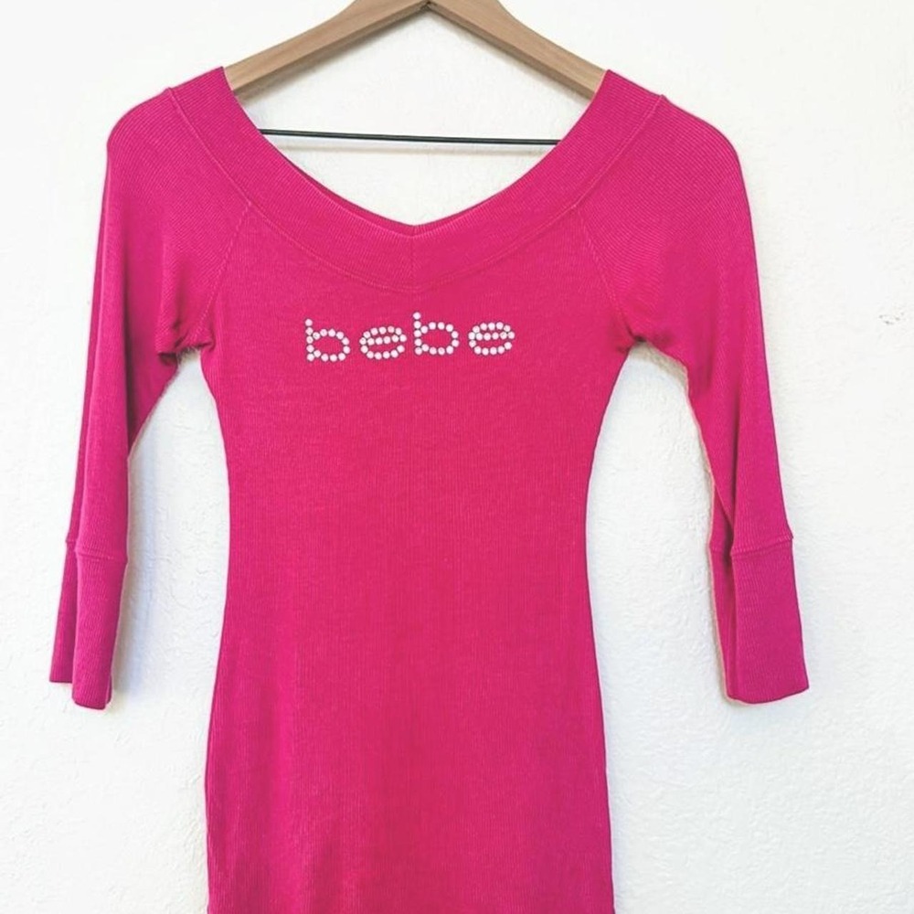 Bebe Vintage Rhinestone Logo Off Shoulder Top Hot Pink Y2K Glam McBling Clubwear